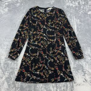 LOFT Flower Garland Flare Dress Black Floral Long Sleeve Womens Size 4